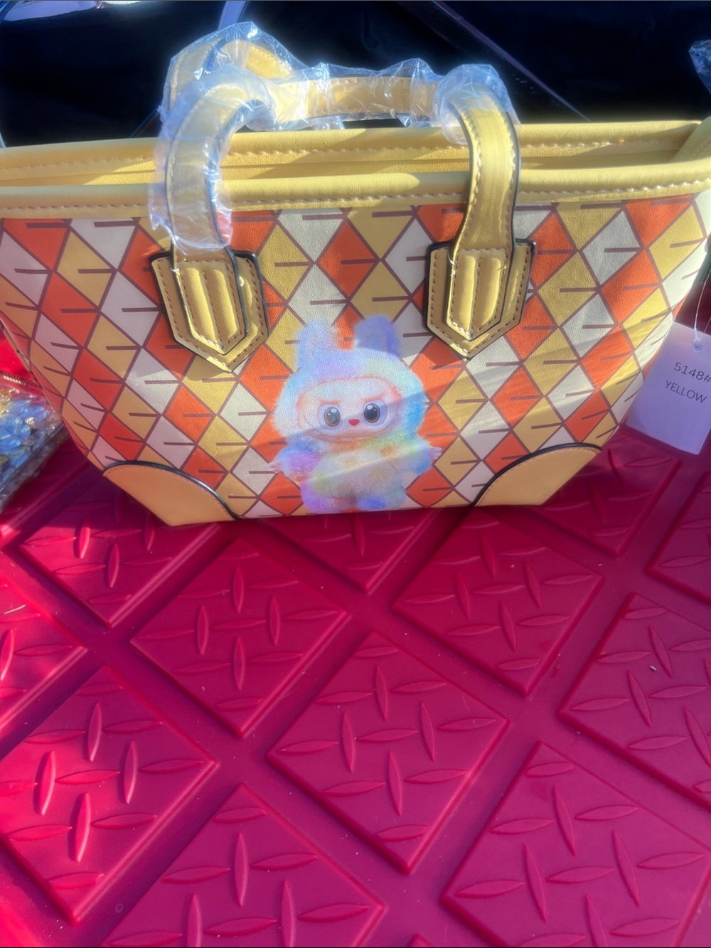 Yellow Geometric Print Tote Bag with Cute Character - Picture 2 of 3